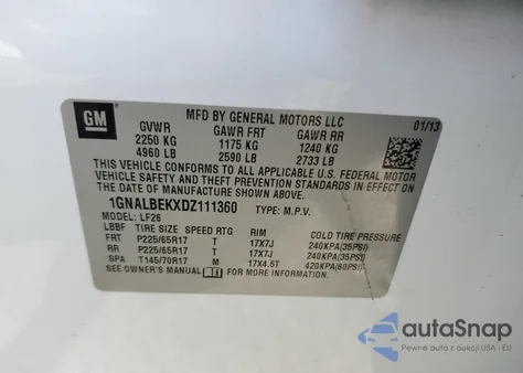 2013 Chevrolet Equinox Ls z USA, uszkodzony, nr VIN 1GNALBEKXDZ111360